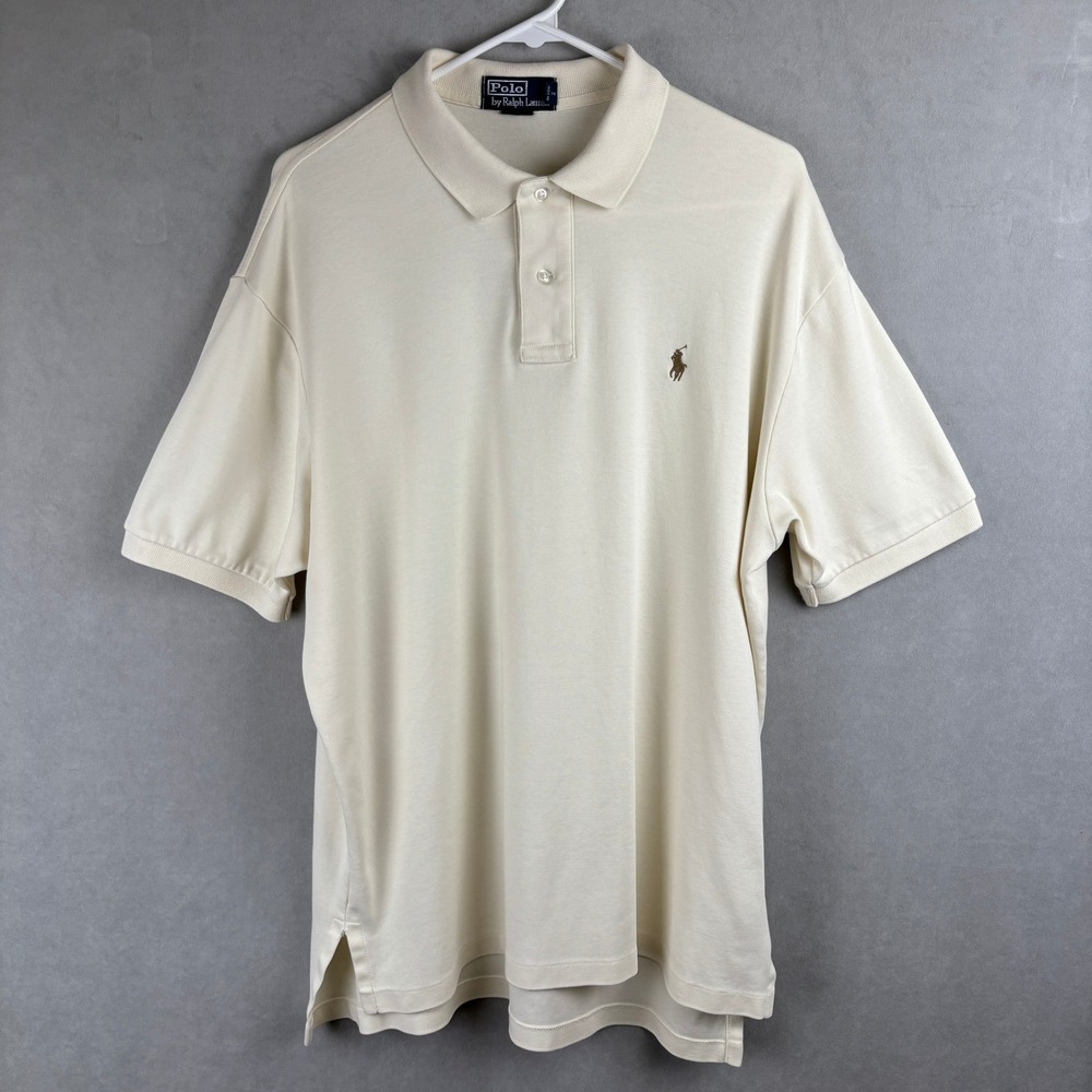 VTG Polo Ralph Lauren Men Cream Cotton S/S Pony Logo Polo Shirt Classic Preppy L
